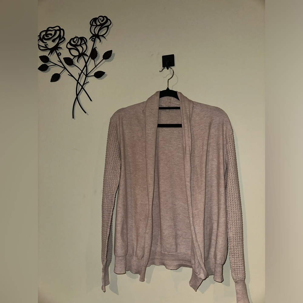 Joan Vass New York Tan Taupe Waffle Knit Sleeve Open Cardigan Size Small